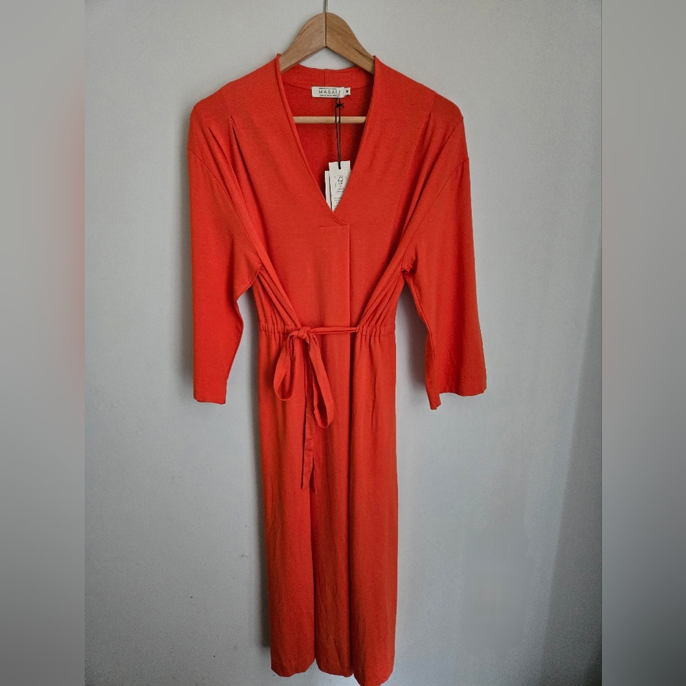 New MASAI Copenhagen Orange Clay V-Neck Nicoline Jersey Viscose Blend Dress